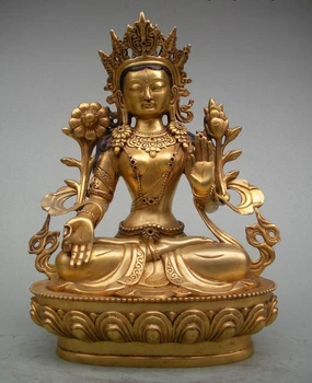 21 см Тибетския будизъм е 100% чист бронз 24-Каратово Злато Бяла статуя на Буда Тара Клан-ин