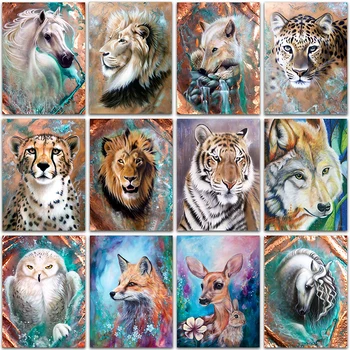 5D САМ Диамантена живопис животни лъв, кон, тигър, Вълк лисица Пълен квадрат и кръг диаметър