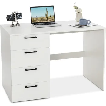 Бяло бюро Tangkula с 4 Чекмеджета За Багаж, Бюро за Домашния Офис, Модерен Моля, маса, Маса За Лаптоп, Козметични Маса