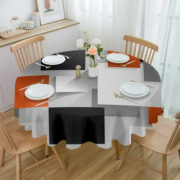 Геометрични фигури-Оранжево-Сиво Черна Водоустойчива покривки за маси, Украса на масата на Сватбената Домашната Кухня с Трапезария и Капачка кръгла маса