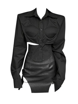 Дамски клубна облекло Dark Academia в готически стил, облекло Y2k в стил рейв, комплект от 2 теми, съкратен ризи винтажного дизайн + мини пола с миризмата от изкуствена кожа на бедрата