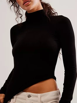 Дамски секси риза с отворена на гърба, дълъг ръкав, имитация на врата, Оборудвана база и топ, однотонная тениска за излизане на светлина, градинска облекло