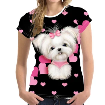 Дамски тениски с 3D принтом сладък куче и куче, дамски тениски с кръгло деколте и къс ръкав в стил Харадзюку, летни дрехи, тениски