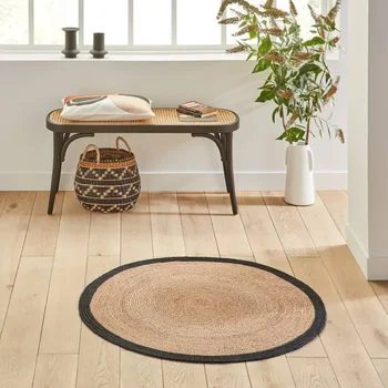 Джутовый килим с кръгла черен ръб, килим от естествена ръчно оплетката, подложка за пода в хола, коридор, подложка за спалня в фермерска къща, домашен декор