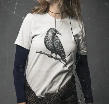 Женска тениска Crow с ръчно принтом, двупластова тениска Raven, еко-модерна риза с дълги ръкави