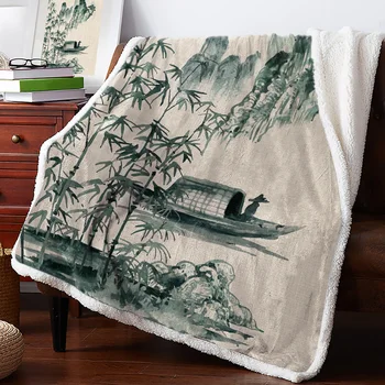 Китайска живопис, пейзаж, Бамбук лодка, Зимата на топло Кашемировое одеало за легло, Вълнени одеала и за офис, покривки