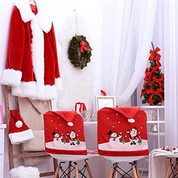 Комплект Калъфи за масата За хранене Столове 4ШТ Дядо Коледа и Снежен човек-Червена Коледна Шапка Седалките На Облегалката на Стола
