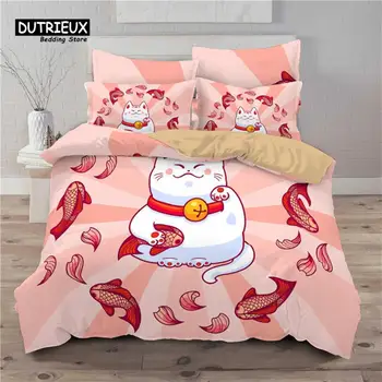 Комплект спално бельо Lucky Котка за деца, момичета и момчета, комплект пододеяльников с 3D принтом и цветисти принтом, одеяло от микрофибър в традиционен китайски стил