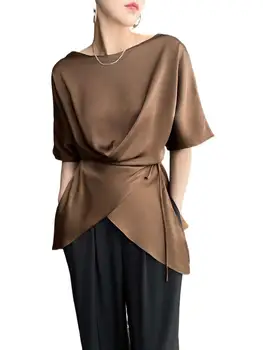 Корейската модни дамски асиметрична сатен риза с оцетна киселина, Френска елегантна дълга тениска дантела, блуза голям размер 5XL