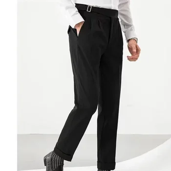 Корейски Костюми с колан, Мъжки Модни Обикновена Ежедневни панталони, Преки Свободни панталони с Дължина до щиколоток, Офис Официални Панталони H54