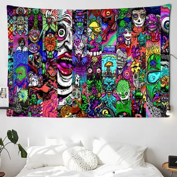 Кошмарен гоблен в стил хипи, Графити, Цветни, с монтиран на стената чудовище, Демон, Извънземна печат, Декорация за стаи в общежитието