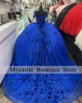 Кралско Синьо Бална Рокля Quinceanera Dresses 2023 Кристали 3D Цвете Сладки 16 Апликации В Рокля От Мъниста Vestidos De 15 Años Сватбена Рокля