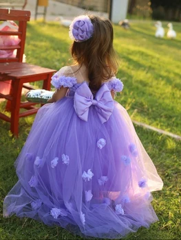 Лилава бална рокля на принцеса за момичета, костюми за първо причастие, рокли с флорални лък, Дантелени тюлевые апликация с цветя