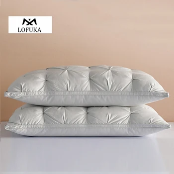 Луксозна зимна възглавница Lofuka от 100% гъши пух, водоустойчив памук сив калъф за защита на врата, спално бельо в 3D стил, възглавница за легла Queen, King
