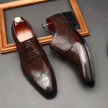 Луксозни мъжки Oxfords от естествена кожа, черни, вино-червено, класически обувки, рокля с брогами дантела, Сватбени офис мъжки официални обувки-дерби