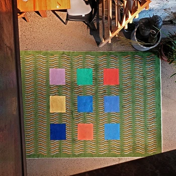 Минималистичен артистичен цветен блок Килим за хола Голям площад Удобен Освежаващо килим за спалнята Естетиката на модерния домашен интериор IG