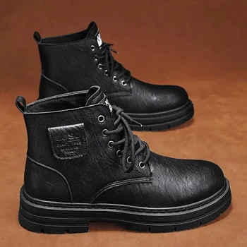 Модната марка за мъжки есента на работно облекло за британския ретро стил, черна мотоциклетни кожени обувки, мъжки спортни товарни обувки