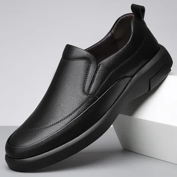 Мъжки обувки 2023, Новостите на есен, Черна Ежедневни кожени обувки в британския стил, Мъжки бизнес официалната мода обувки за работа с голяма глава