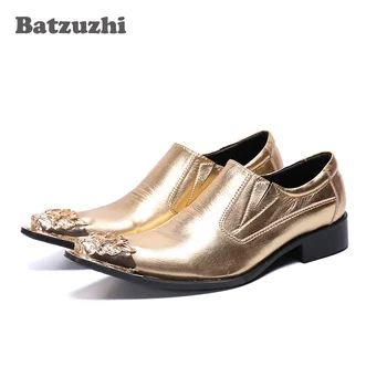 Мъжки обувки Batzuzhi британски тип С остри златни метални кепками, кожени модела обувки, слипоны, златни вечерни и булчински обувки, мъжки обувки бизнес