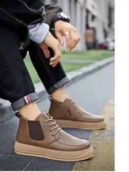 Нови мъжки кожени ежедневни работни обувки с висок берцем, пролет-есен, нескользящие кожени обувки на дебела подметка в британския бизнес стил ретро