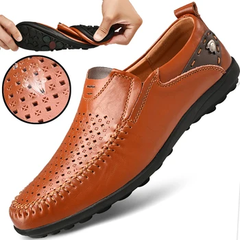 Новост 2023 г., Кожени мъжки ежедневни обувки, Летни Дишащи Официални лоферы без закопчалка, Мъжки мокасини, Италиански черен обувки за шофиране.