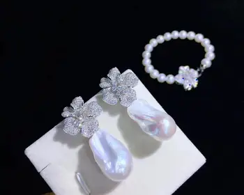обеци и гривна с естествен сладководните перли в стил барок от сребро проба 925 с цветя кубичен цирконий