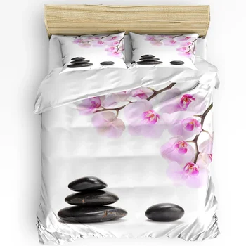 Орхидея, черен камък, Розово Цвете, Бял, 3 броя, комплект спално бельо за спалня, двойно легло, домашен текстил, чаршаф, Чаршаф, Калъфка за възглавница