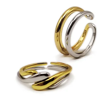 Отворено два тона пръстен с двойна лента, двуцветен накити от бяло и жълто от сребро проба 925 с покритие от бяло и жълто злато, регулируеми бижута за жени