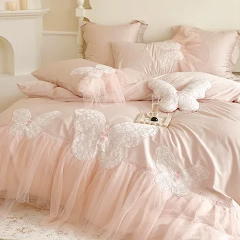 Памук в стил френска принцеса, 4 предмета, лейси бродерия, памук чаршаф, чаршаф, спално бельо, домашен текстил на едро