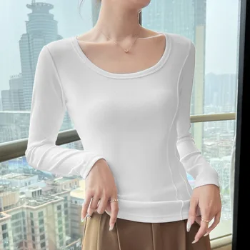Пролетно-есенен женски пуловер с кръгло деколте, однотонное ярка украса, риза с дълъг ръкав на лигавицата, Модерни ежедневни тънки върхове