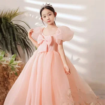 Рокли за момичета-цветочниц, сладки Розови рокли с къси пухкави ръкави за сватба 2023, официалното представяне, парти по случай рожден ден, Рокля за Първо причастие за деца