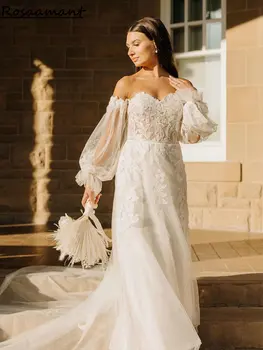 Сватбени рокли на Русалка с дълги ръкави в бохемски стил сватбена рокля с открити рамене, дантелени апликации.