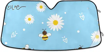 сенника На Предното Стъкло susiyo Сладки Пчелите Бяло Цвете Маргаритки Син Сгъваема сенника На Предното Стъкло на Колата на сенника Защитник Блокира UV R