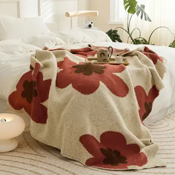 Скандинавски вязаное одеяло с подсолнухом за дивана, покривка за пикник, наметала с цветен модел, елегантен мек плюшено домашен текстил