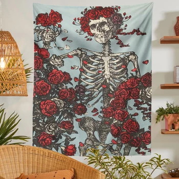 Стенен гоблен с череп и роза За декориране на спалня и хол, стенни гоблени с виртуален скелет