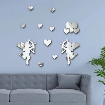 Стикер на стената във формата на ангел с огледални, акрилна водоустойчив стикер на стената във формата на сърце, 3D Декоративни стикери за стена в детска стая