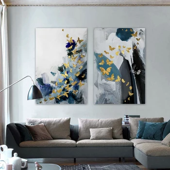 Съвременната абстрактна живопис върху платно; плакати със златна пеперуда; щампи; Луксозни стенни картина за декорация на дома в хола БЕЗ РАМКА