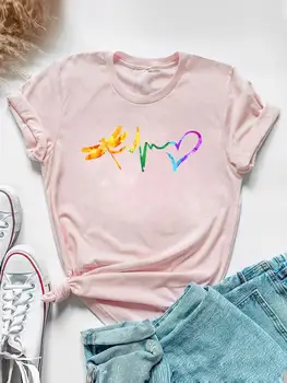 Тенденцията Love Heart Dragonfly, сладка тениска с графичен принтом, ежедневни облекла, летен жена топ с къс ръкав, модна тениска, дамска тениска