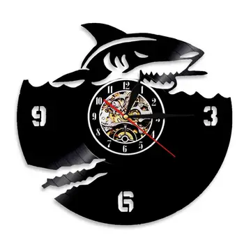 Уникален стенен часовник Shark Vinyl плоча Часовници Морски Стенни часовници Морското животно Стенен декор Часовници с Модерен дизайн за хол