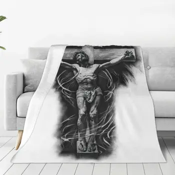 Фланелевое флисовое одеяло с татуировка на Исус За деца, юноши и възрастни, Меко, уютно, Топло, Пушистое