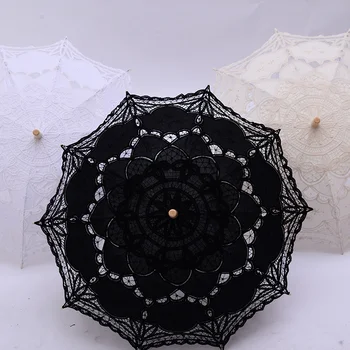 Черен дантелен сватбен чадър с дълга дръжка, Апликация от ръчно изработени сватбен чадър с бродерия по ръба на раковина, Романтична Сватбена фотография, са Новост