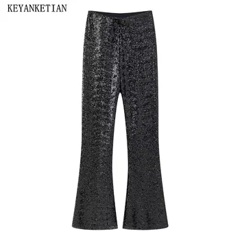 KEYANKETIAN/ в Новия брой на женските черни расклешенных панталони с пайети, модерен ретро-панталони с висока талия, тънки и дълги панталони, стегнати панталони