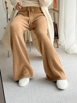 Дамски меки удобни плетени панталони Летни основни широки дълги Широки панталони, Дамски спортни панталони с висока талия Женски прави панталони X129