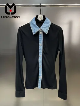 Дизайнерски универсална риза от деним LUXE & ENVY 2023 с начесом, тъмно-черна Приталенная риза от деним