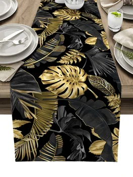 Златни листа на Черен фон спално Бельо, Покривки Декорация на кухненския плот Миещи покривки за фермерска къща Декор за сватбени партита
