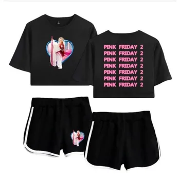 Летни Дамски комплекти Nicki Minaj Pink Friday 2, Съкратен топ с къс ръкав + Шорти, Спортни Костюми, Дамски Спортни костюми От две части