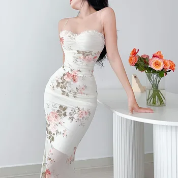 Модно рокля на спагети презрамки, с флорални принтом, Дамски Елегантни Миди-рокля с V-образно деколте и отворен гръб 2023, Летни Новости Sweet Ladies Vestidos